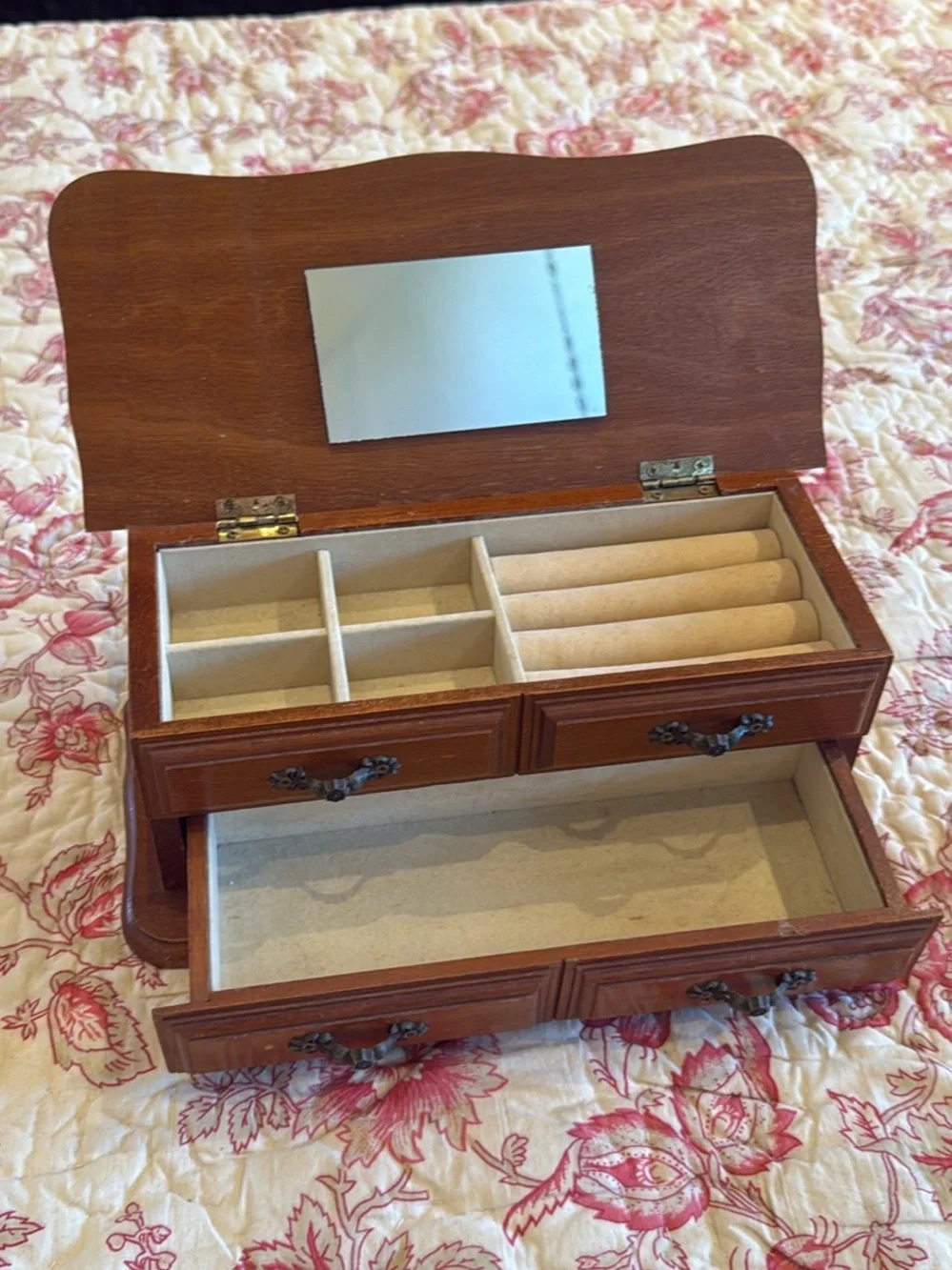 Vintage Wooden Four-Drawer Jewelry Box with Ornate Handles Brown